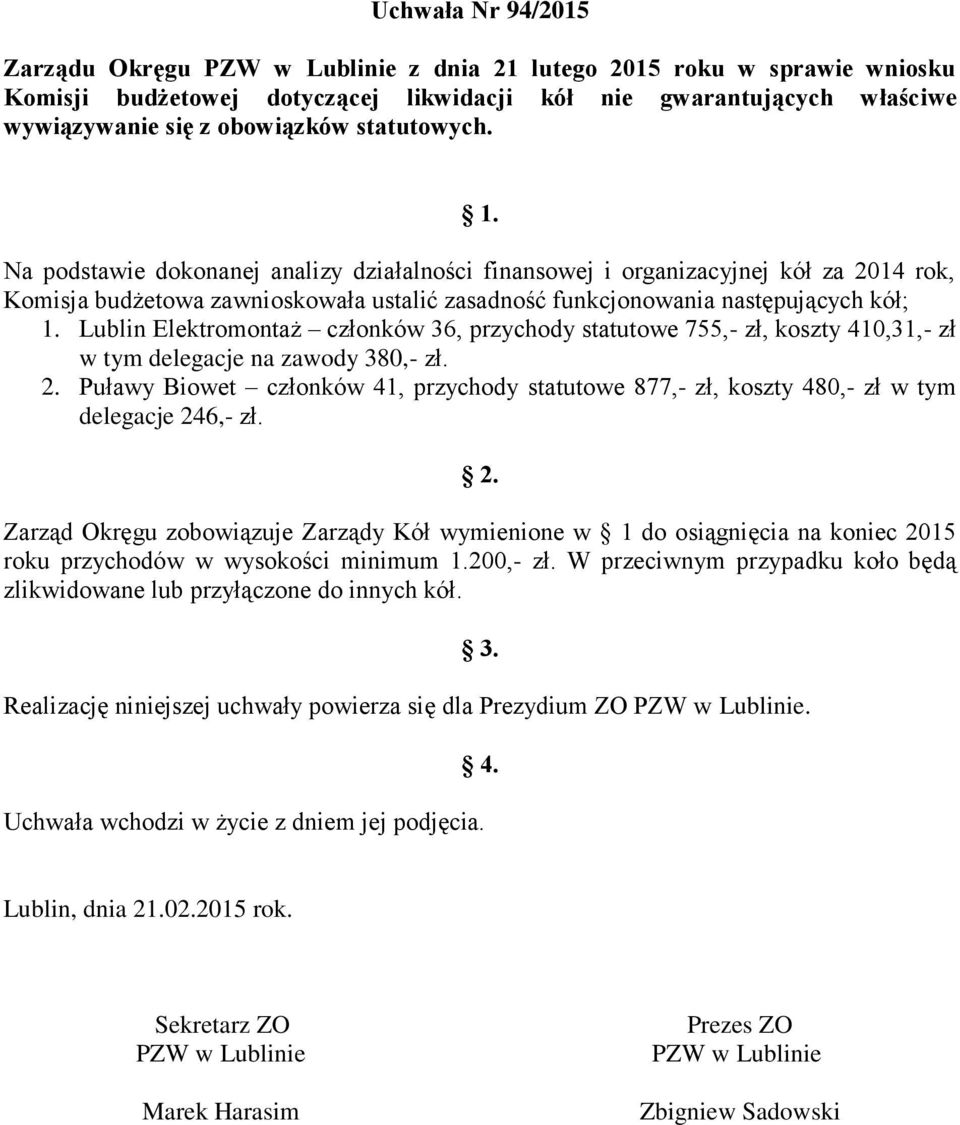 Lublin Elektromontaż członków 36, przychody statutowe 755,- zł, koszty 410,31,- zł w tym delegacje na zawody 380,- zł. 2.