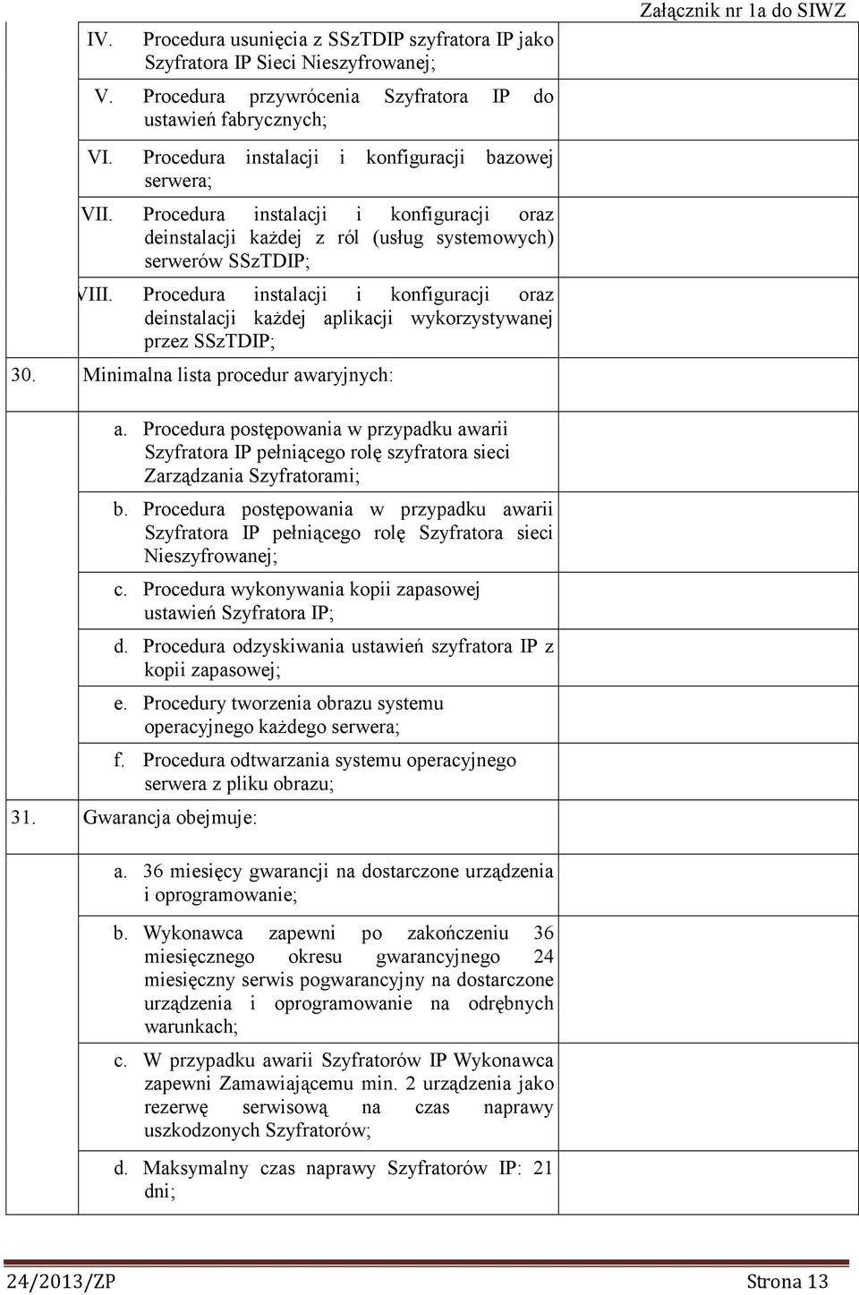 Procedura instalacji i konfiguracji oraz deinstalacji kaŝdej aplikacji wykorzystywanej przez SSzTDIP; 30. Minimalna lista procedur awaryjnych: a.