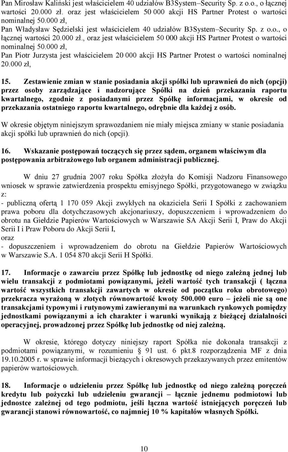 000 zł, Pan Piotr Jurzysta jest właścicielem 20 000 akcji HS Partner Protest o wartości nominalnej 20.000 zł, 15.