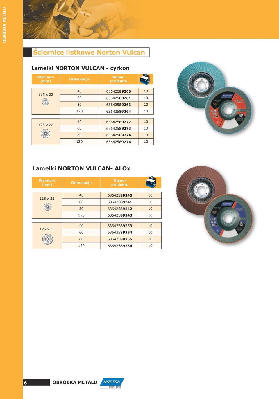 120 63642589276 10 Lamelki NORTON VULCAN- ALOx Wymiary (mm) Granulacja Numer produktu 115 x 22 40 63642589240 10 60 63642589241 10