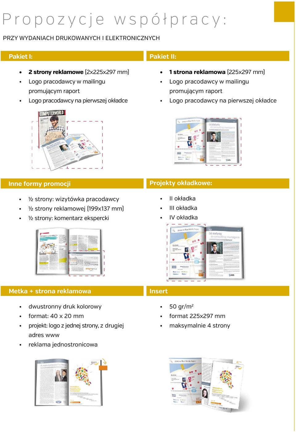 promocji ½ strony: wizytówka pracodawcy ½ strony reklamowej (199x137 mm) ½ strony: komentarz ekspercki Projekty okładkowe: II okładka III okładka IV okładka Metka + strona
