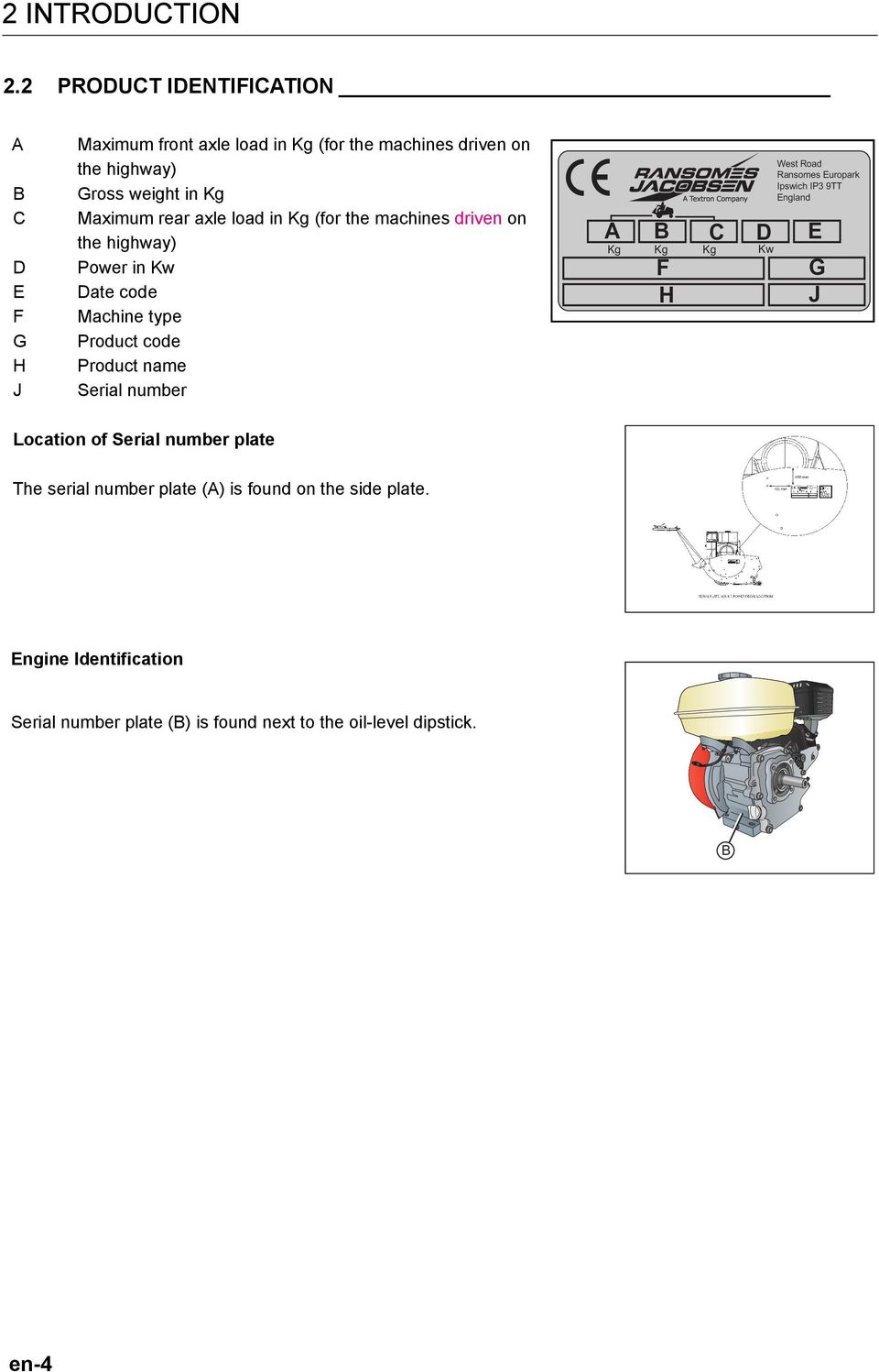 Maximum rear axle load in Kg (for the machines driven on the highway) Power in Kw Date code Machine type Product code Product name Serial