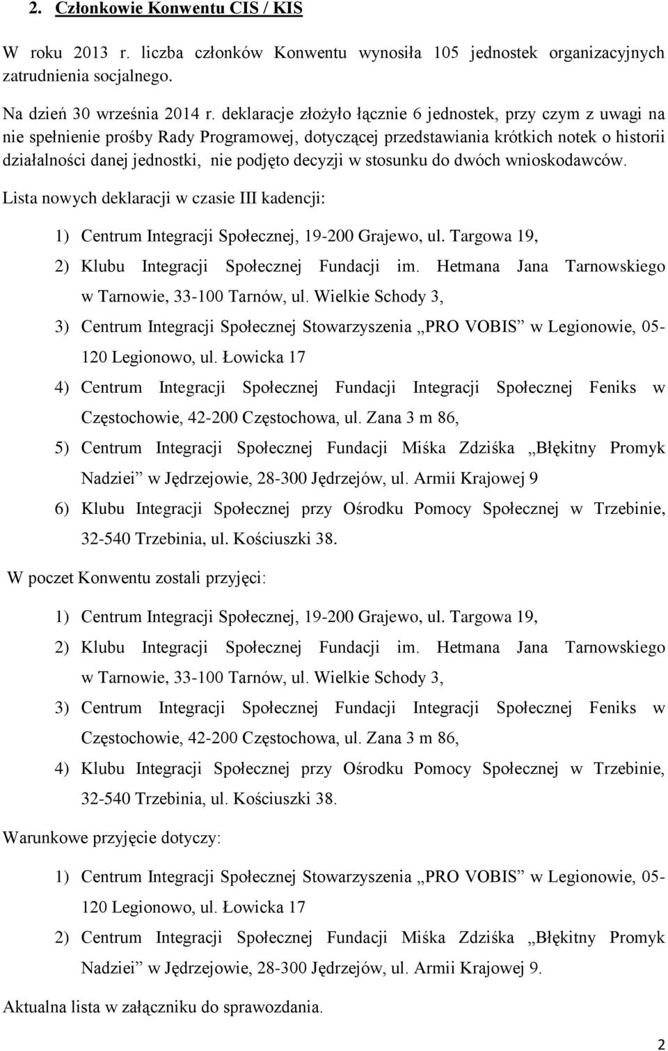 decyzji w stosunku do dwóch wnioskodawców. Lista nowych deklaracji w czasie III kadencji: 1) Centrum Integracji Społecznej, 19-200 Grajewo, ul. Targowa 19, 2) Klubu Integracji Społecznej Fundacji im.