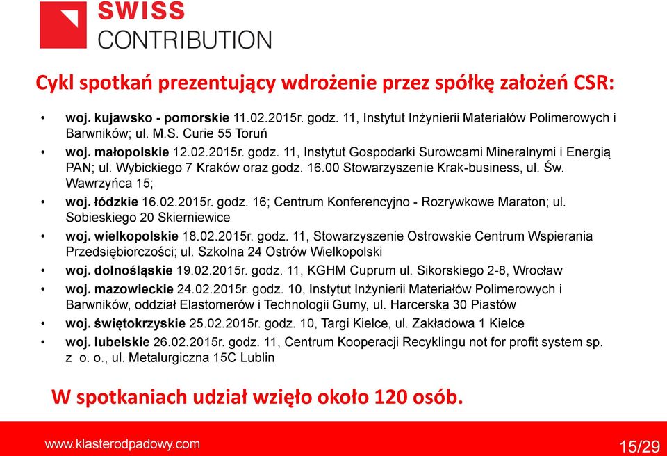 Sbieskieg 20 Skierniewice wj. wielkplskie 18.02.2015r. gdz. 11, Stwarzyszenie Ostrwskie Centrum Wspierania Przedsiębirczści; ul. Szklna 24 Ostrów Wielkplski wj. dlnśląskie 19.02.2015r. gdz. 11, KGHM Cuprum ul.