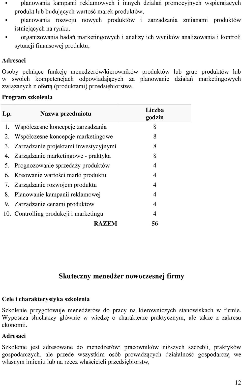 lub grup produktów lub w swoich kompetencjach odpowiadających za planowanie działań marketingowych związanych z ofertą (produktami) przedsiębiorstwa. Program szkolenia Lp. 1.