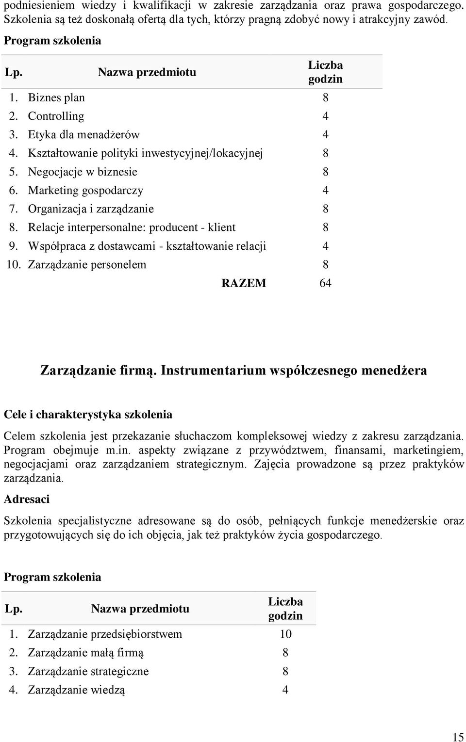 Relacje interpersonalne: producent - klient 8 9. Współpraca z dostawcami - kształtowanie relacji 4 10. Zarządzanie personelem 8 RAZEM 64 Zarządzanie firmą.