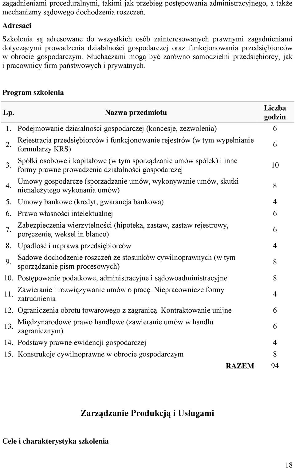 gospodarczym. Słuchaczami mogą być zarówno samodzielni przedsiębiorcy, jak i pracownicy firm państwowych i prywatnych. Program szkolenia Lp. 1.