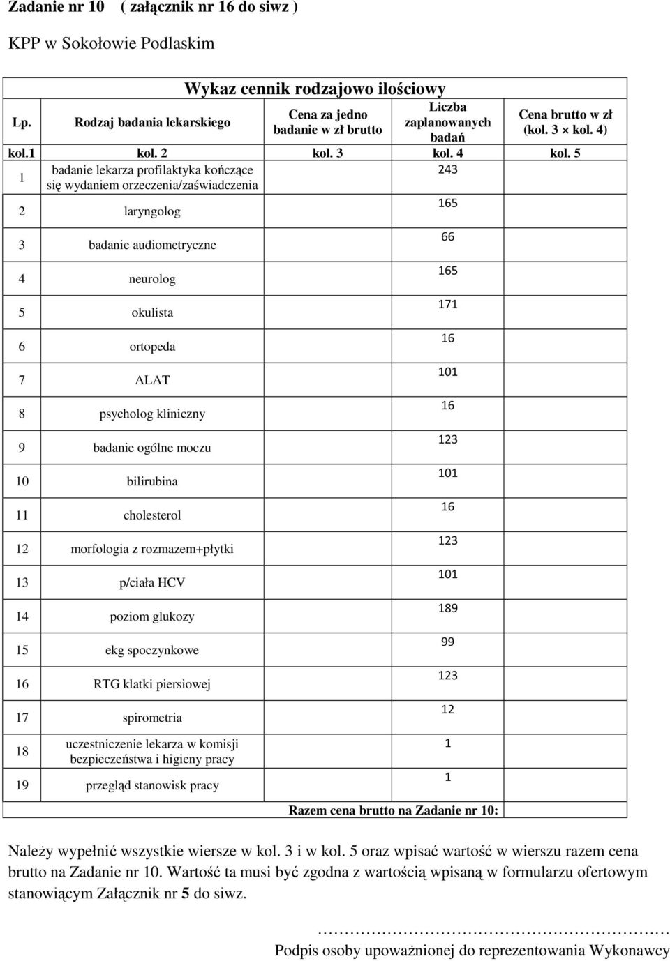 6 RTG klatki piersiowej 7 spirometria 8 9 przegląd stanowisk pracy brutto na Zadanie nr 0.