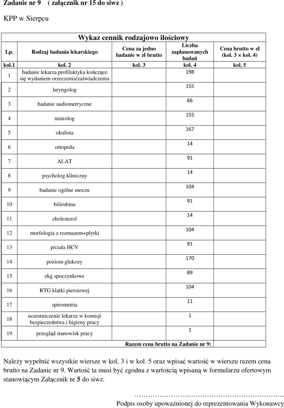 spoczynkowe 6 RTG klatki piersiowej 7 spirometria 8 9 przegląd stanowisk pracy brutto na Zadanie nr 9.