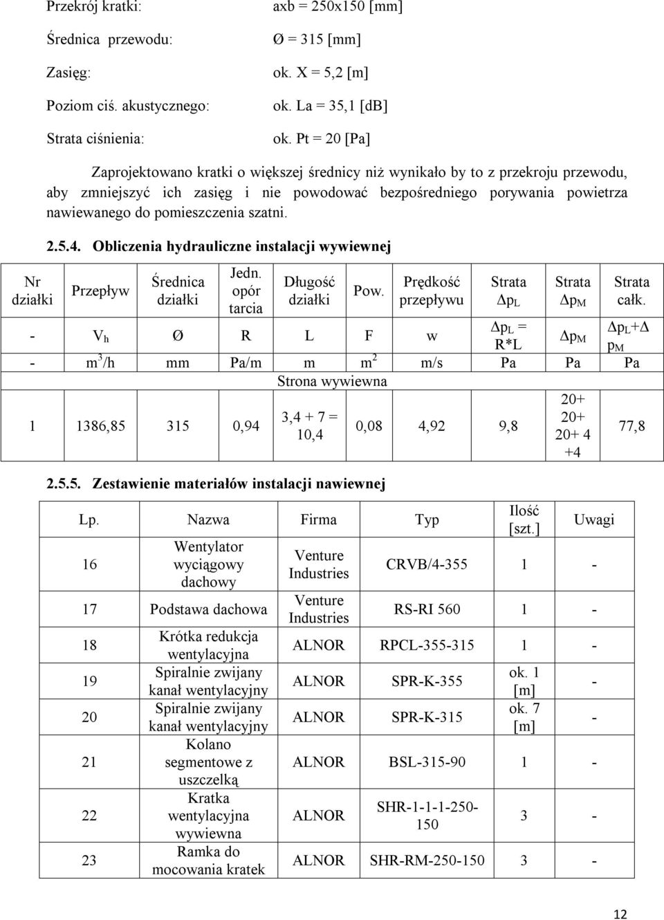 pomieszczenia szatni. 2.5.4. Obliczenia hydrauliczne instalacji wywiewnej Przepływ Średnica działki Jedn. opór tarcia Długość działki Pow. Prędkość przepływu Strata Δp L Strata Δp M Strata całk.