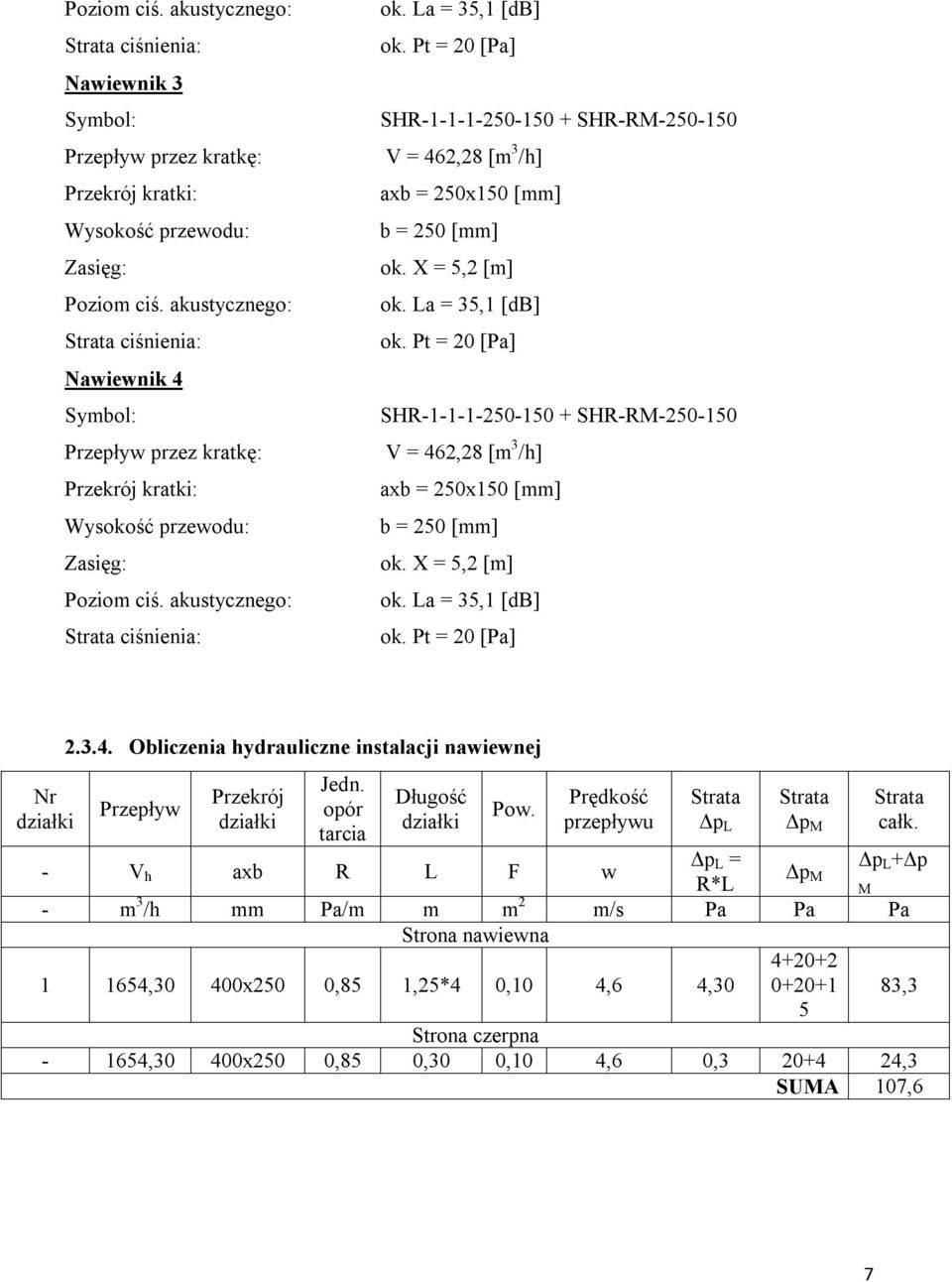 Pt = 20 [Pa] Nr działki 2.3.4. Obliczenia hydrauliczne instalacji nawiewnej Przepływ Przekrój działki Jedn. opór tarcia Długość działki Pow. Prędkość przepływu Strata Δp L Strata Δp M Strata całk.