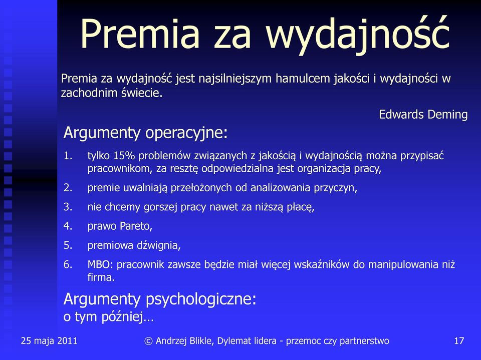 tylko 15% problemów związanych z jakością i wydajnością można przypisać pracownikom, za resztę odpowiedzialna jest organizacja pracy, 2.