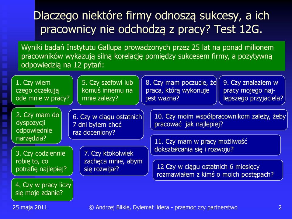 Czy wiem czego oczekują ode mnie w pracy? 5. Czy szefowi lub komuś innemu na mnie zależy? 8. Czy mam poczucie, że praca, którą wykonuje jest ważna? 9.