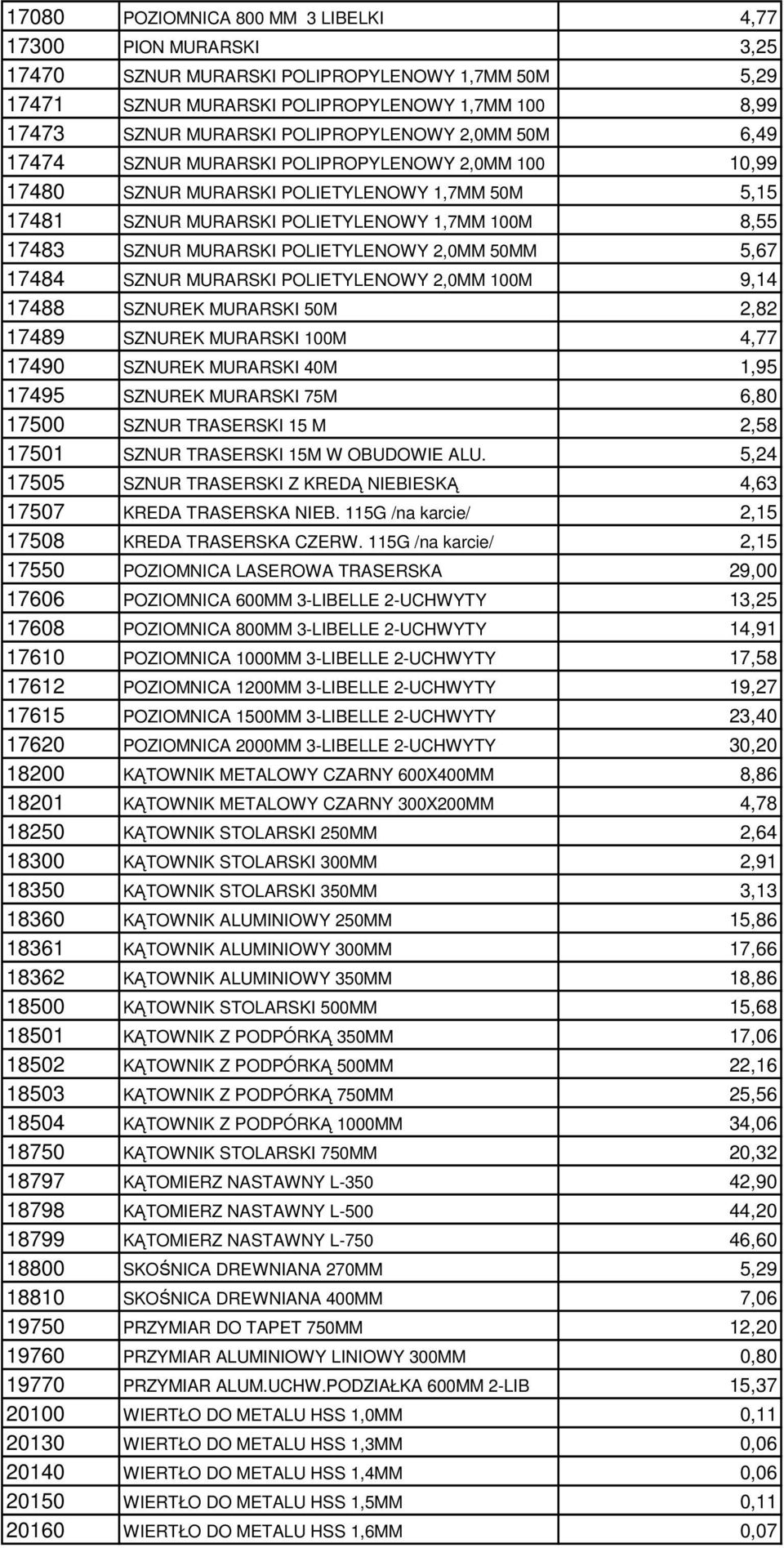 MURARSKI POLIETYLENOWY 2,0MM 50MM 5,67 17484 SZNUR MURARSKI POLIETYLENOWY 2,0MM 100M 9,14 17488 SZNUREK MURARSKI 50M 2,82 17489 SZNUREK MURARSKI 100M 4,77 17490 SZNUREK MURARSKI 40M 1,95 17495