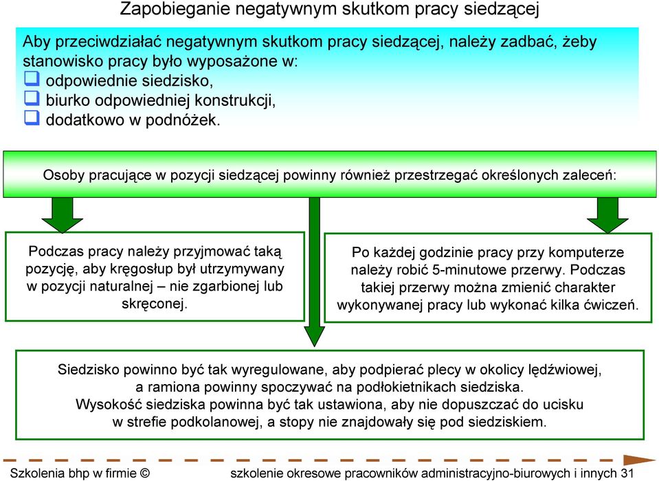 Osoby pracujące w pozycji siedzącej powinny równieŝ przestrzegać określonych zaleceń: Podczas pracy naleŝy przyjmować taką pozycję, aby kręgosłup był utrzymywany w pozycji naturalnej nie zgarbionej