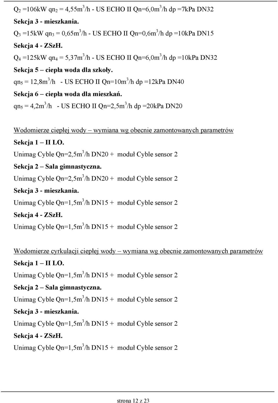 qn 5 = 4,2m 3 /h - US ECHO II Qn=2,5m 3 /h dp =20kPa DN20 Wodomierze ciepłej wody wymiana wg obecnie zamontowanych parametrów Sekcja 1 II LO.