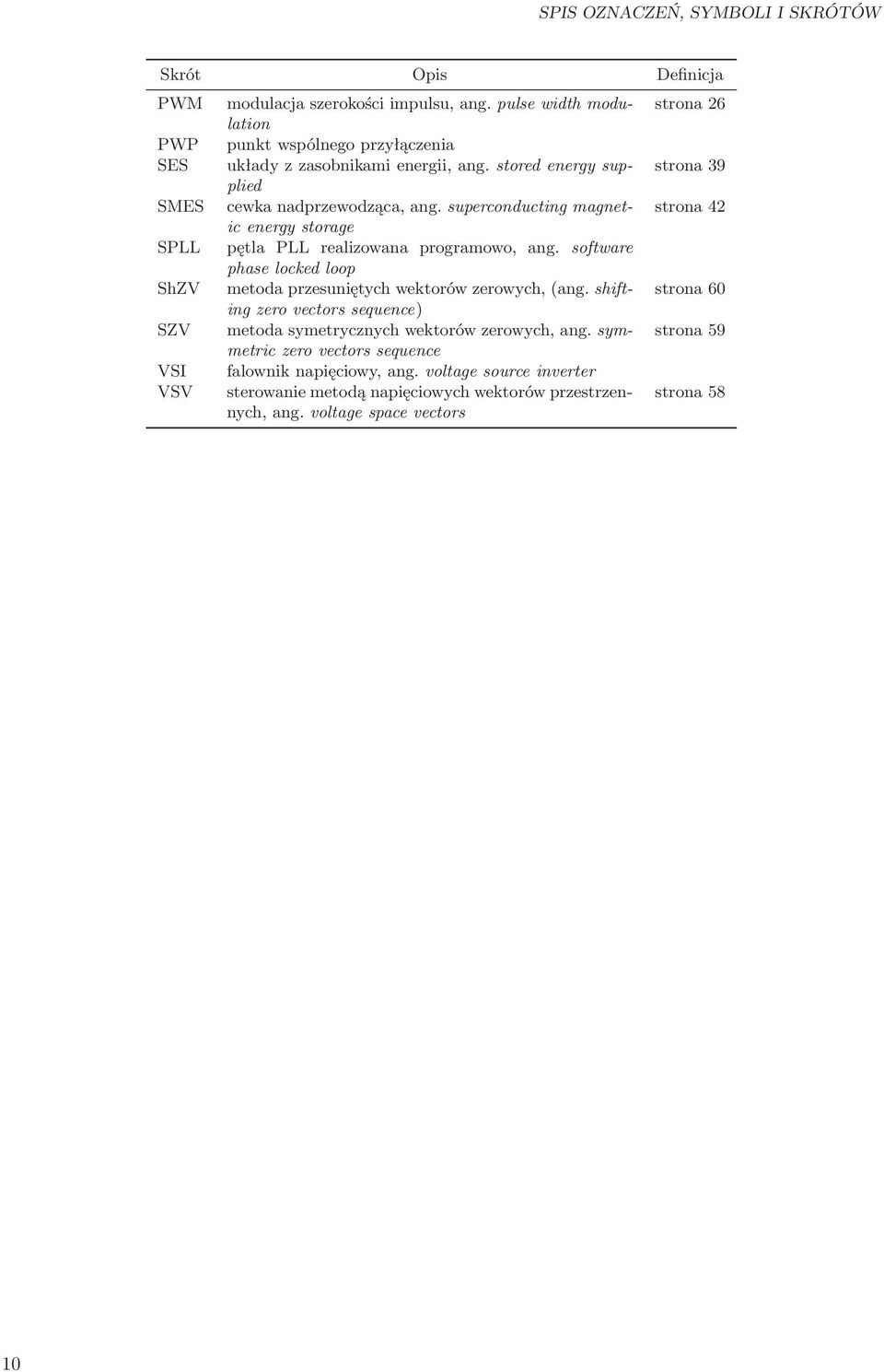 superconducting magnetic energy storage SPLL pętla PLL realizowana programowo, ang. software phase locked loop ShZV metoda przesuniętych wektorów zerowych,(ang.