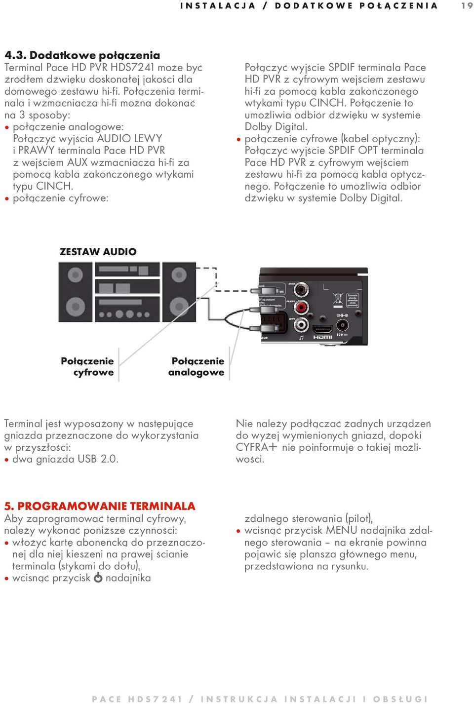 cą ka bla za koń czo ne go wty ka mi typu CINCH. µ połączenie cyfrowe: Połączyć wyjście SPDIF terminala Pace HD PVR z cyfrowym wejściem zestawu hi-fi za pomocą kabla zakończonego wtykami typu CINCH.