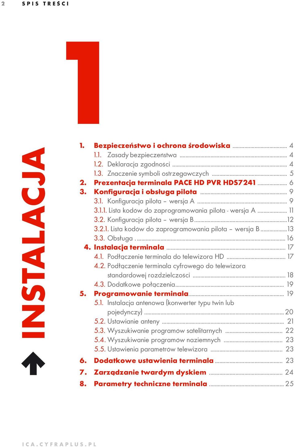 ..12 3.2.1. Lista kodów do zaprogramowania pilota wersja B...13 3.3. Obsługa... 16 4. Instalacja terminala... 17 4.1. Podłączenie terminala do telewizora HD... 17 4.2. Podłączenie terminala cyfrowego do telewizora standardowej rozdzielczości.