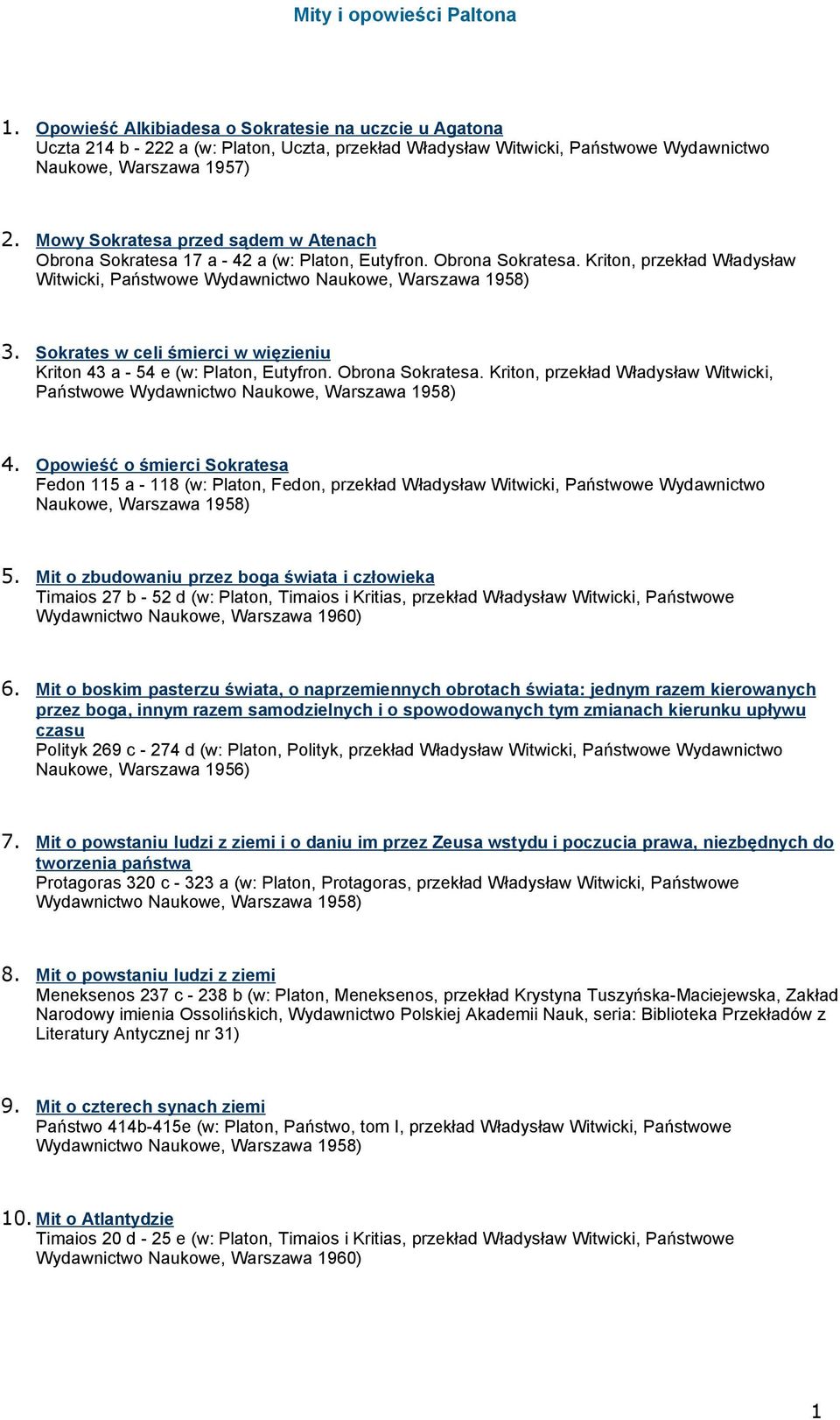 Sokrates w celi śmierci w więzieniu Kriton 43 a - 54 e (w: Platon, Eutyfron. Obrona Sokratesa. Kriton, przekład Władysław Witwicki, Państwowe Wydawnictwo Naukowe, Warszawa 1958) 4.