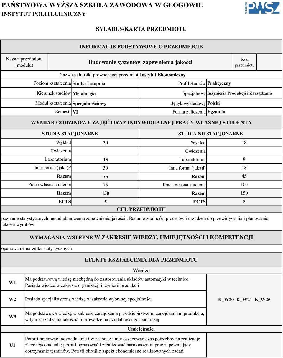 Specjalność Inżynieria Produkcji i Zarządzanie Język wykładowy Polski Forma zaliczenia Egzamin WYMIAR GODZINOWY ZAJĘĆ ORAZ INDYWIDUALNEJ PRACY WŁASNEJ STUDENTA Wykład 0 Wykład 8 Laboratorium 5