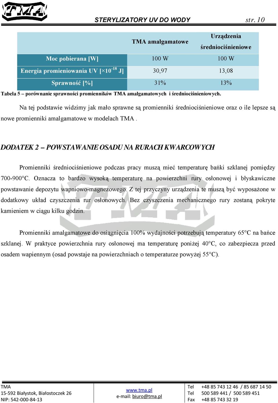 amalgamatowych i średniociśnieniowych. Na tej podstawie widzimy jak mało sprawne są promienniki średniociśnieniowe oraz o ile lepsze są nowe promienniki amalgamatowe w modelach.