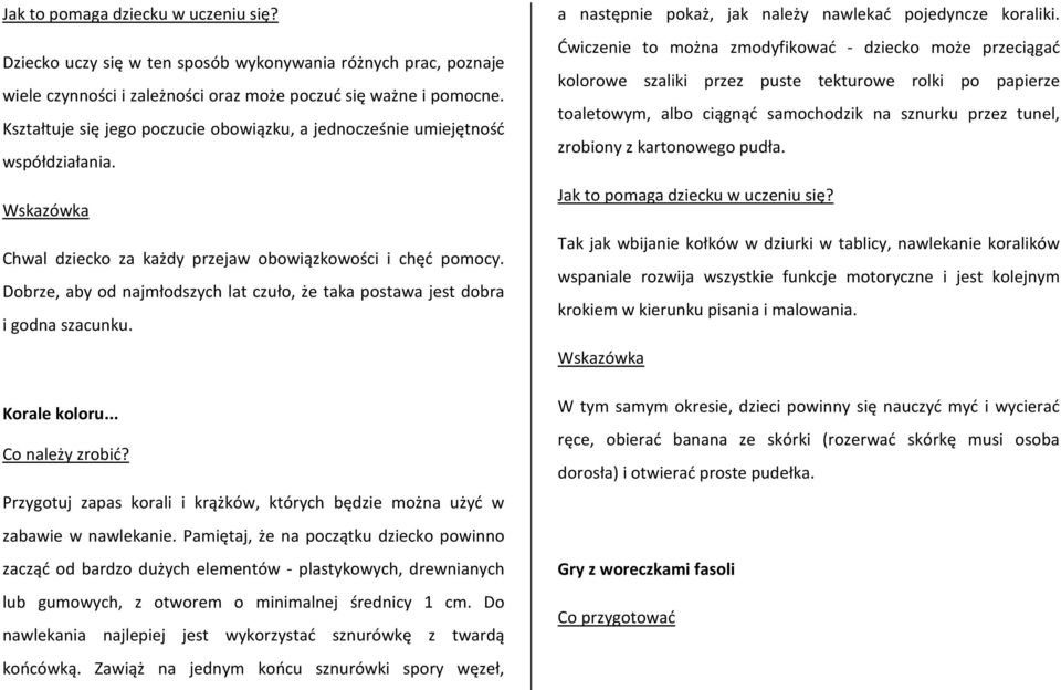 Dobrze, aby od najmłodszych lat czuło, że taka postawa jest dobra i godna szacunku. Korale koloru... Przygotuj zapas korali i krążków, których będzie można użyć w zabawie w nawlekanie.