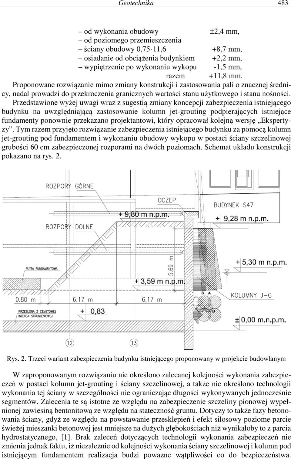 Przedstawione wyżej uwagi wraz z sugestią zmiany koncepcji zabezpieczenia istniejącego budynku na uwzględniającą zastosowanie kolumn jet-grouting podpierających istniejące fundamenty ponownie