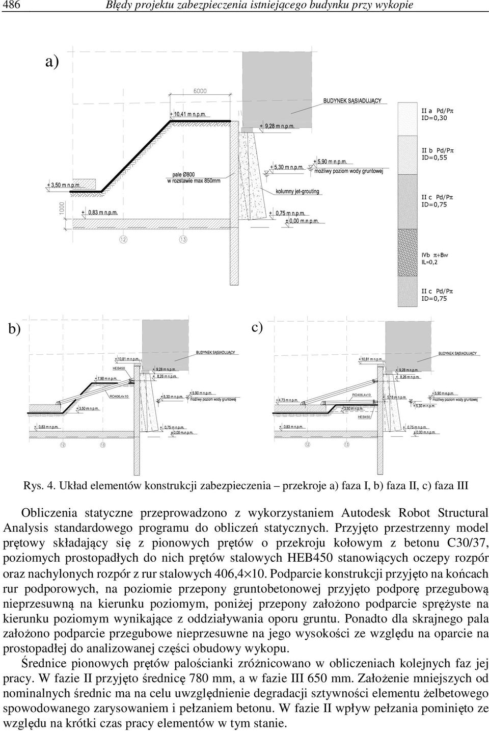 Układ elementów konstrukcji zabezpieczenia przekroje a) faza I, b) faza II, c) faza III Obliczenia statyczne przeprowadzono z wykorzystaniem Autodesk Robot Structural Analysis standardowego programu