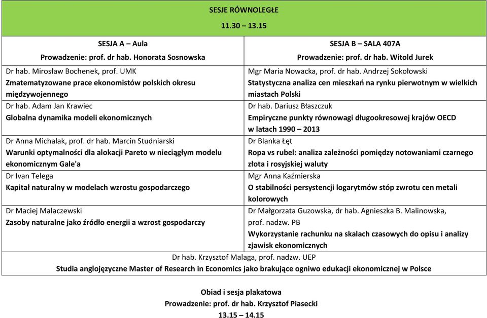 Marcin Studniarski Warunki optymalności dla alokacji Pareto w nieciągłym modelu ekonomicznym Gale'a Dr Ivan Telega Kapitał naturalny w modelach wzrostu gospodarczego Dr Maciej Malaczewski Zasoby