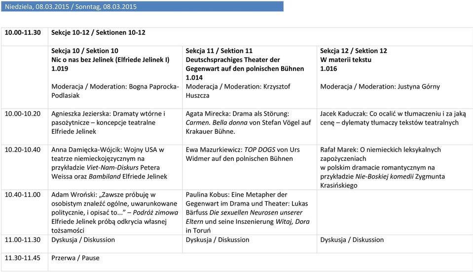 20 Agnieszka Jezierska: Dramaty wtórne i pasożytnicze koncepcje teatralne Elfriede Jelinek Sekcja 11 / Sektion 11 Deutschsprachiges Theater der Gegenwart auf den polnischen Bühnen Moderacja /