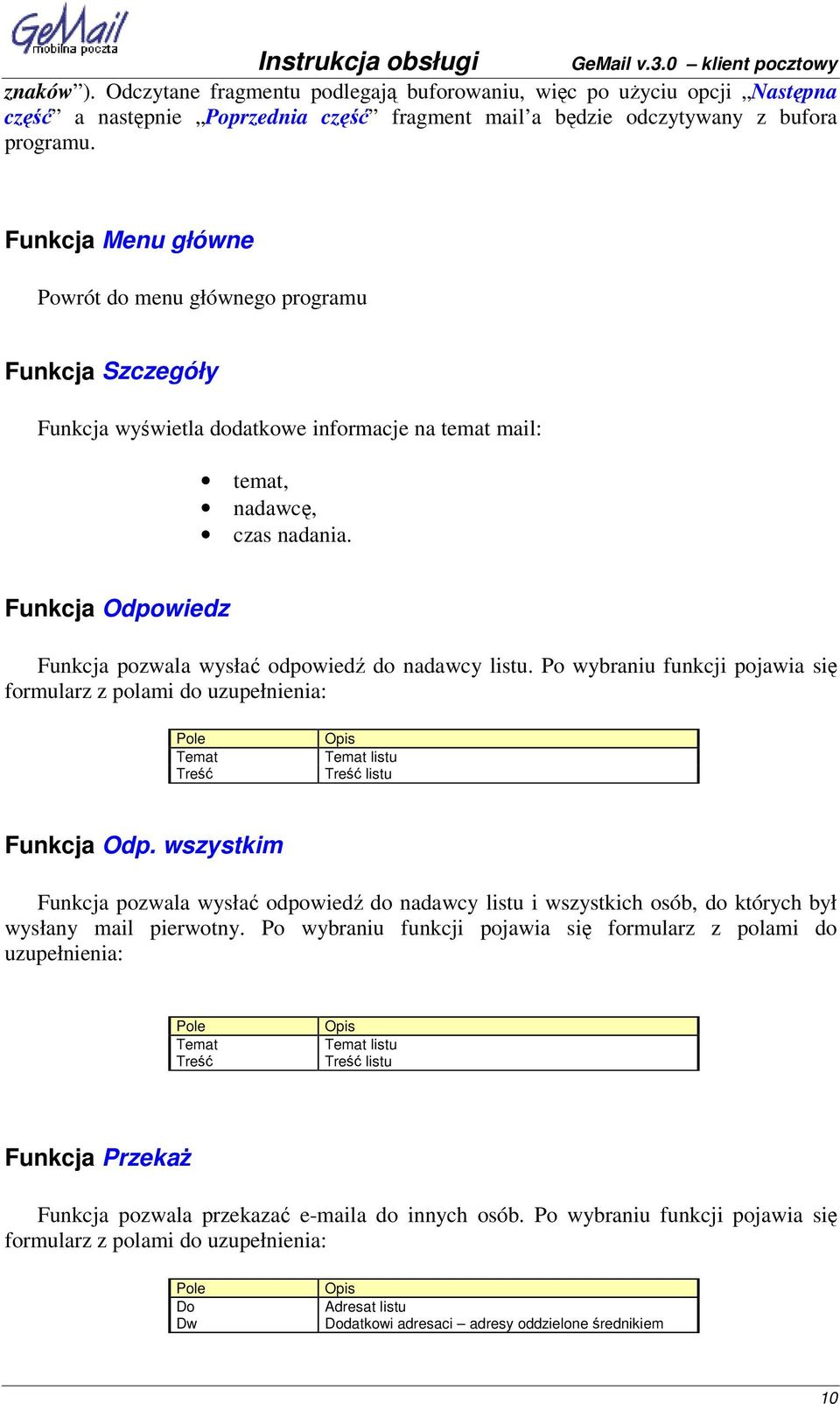 Funkcja Odpowiedz Funkcja pozwala wysła odpowied do nadawcy listu. Po wybraniu funkcji pojawia si formularz z polami do uzupełnienia: Pole Temat Tre Opis Temat listu Tre listu Funkcja Odp.