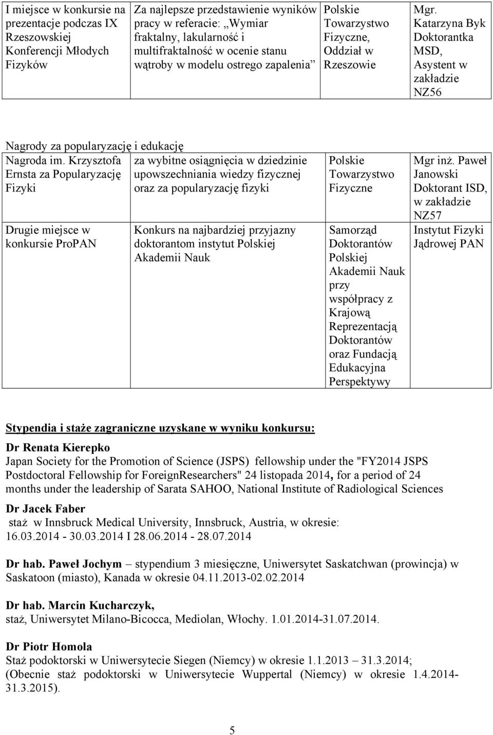 Krzysztofa za wybitne osiągnięcia w dziedzinie Ernsta za Popularyzację upowszechniania wiedzy fizycznej Fizyki oraz za popularyzację fizyki Drugie miejsce w konkursie ProPAN Konkurs na najbardziej