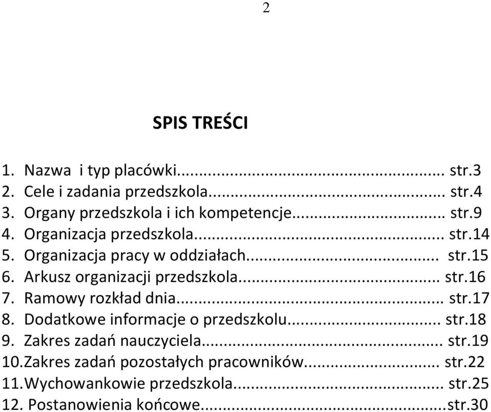 .. str.16 7. Ramowy rozkład dnia... str.17 8. Dodatkowe informacje o przedszkolu... str.18 9. Zakres zadań nauczyciela... str.19 10.