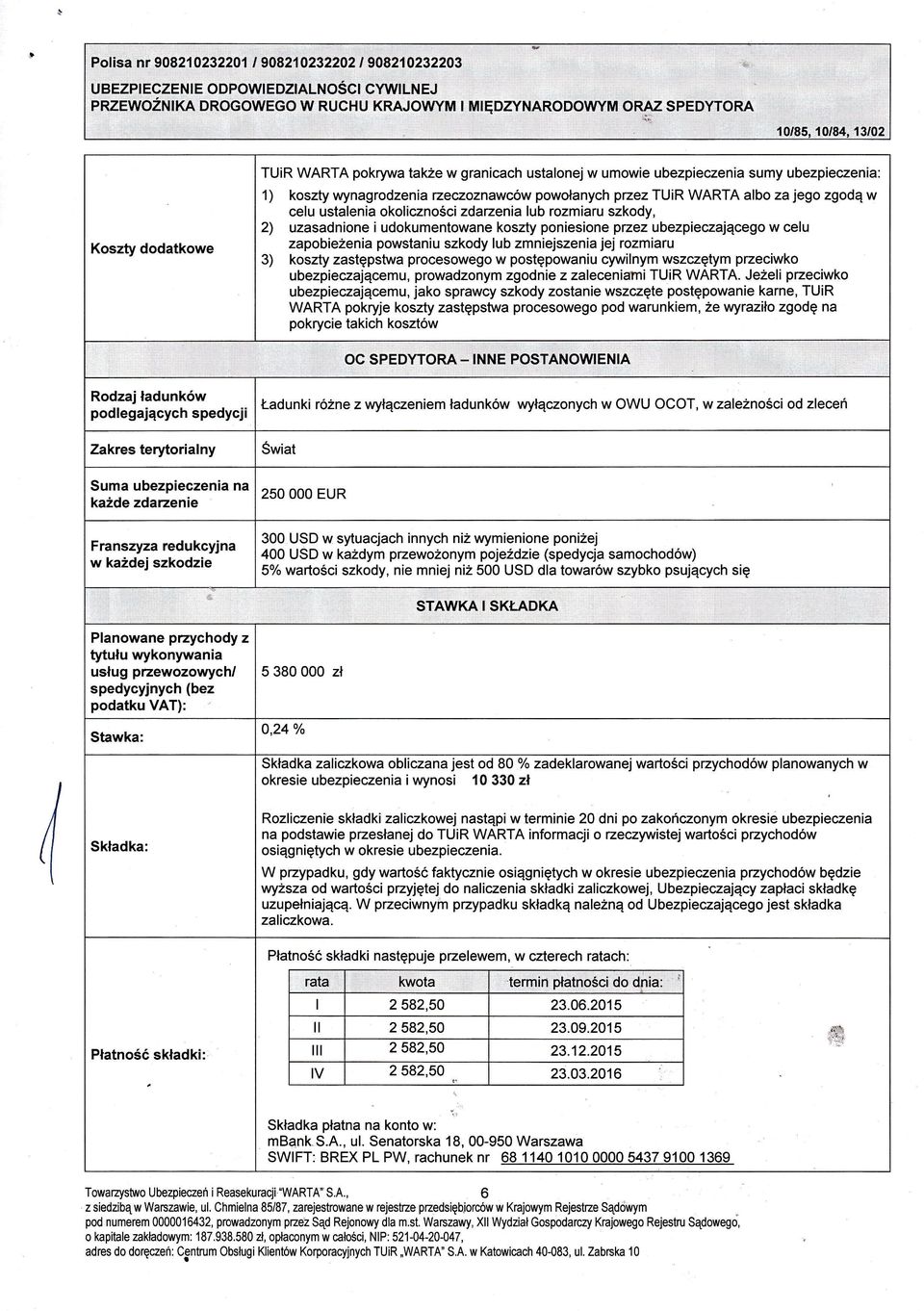 w granicach ustalonej w umowie ubezpieczenia sumy ubezpieczenia: 1) koszty wynagrodzenia żeczoznawców powołanych przez TU R WARTA albo zajego zgodą w celu ustalenia okoliczności zdarzenia lub