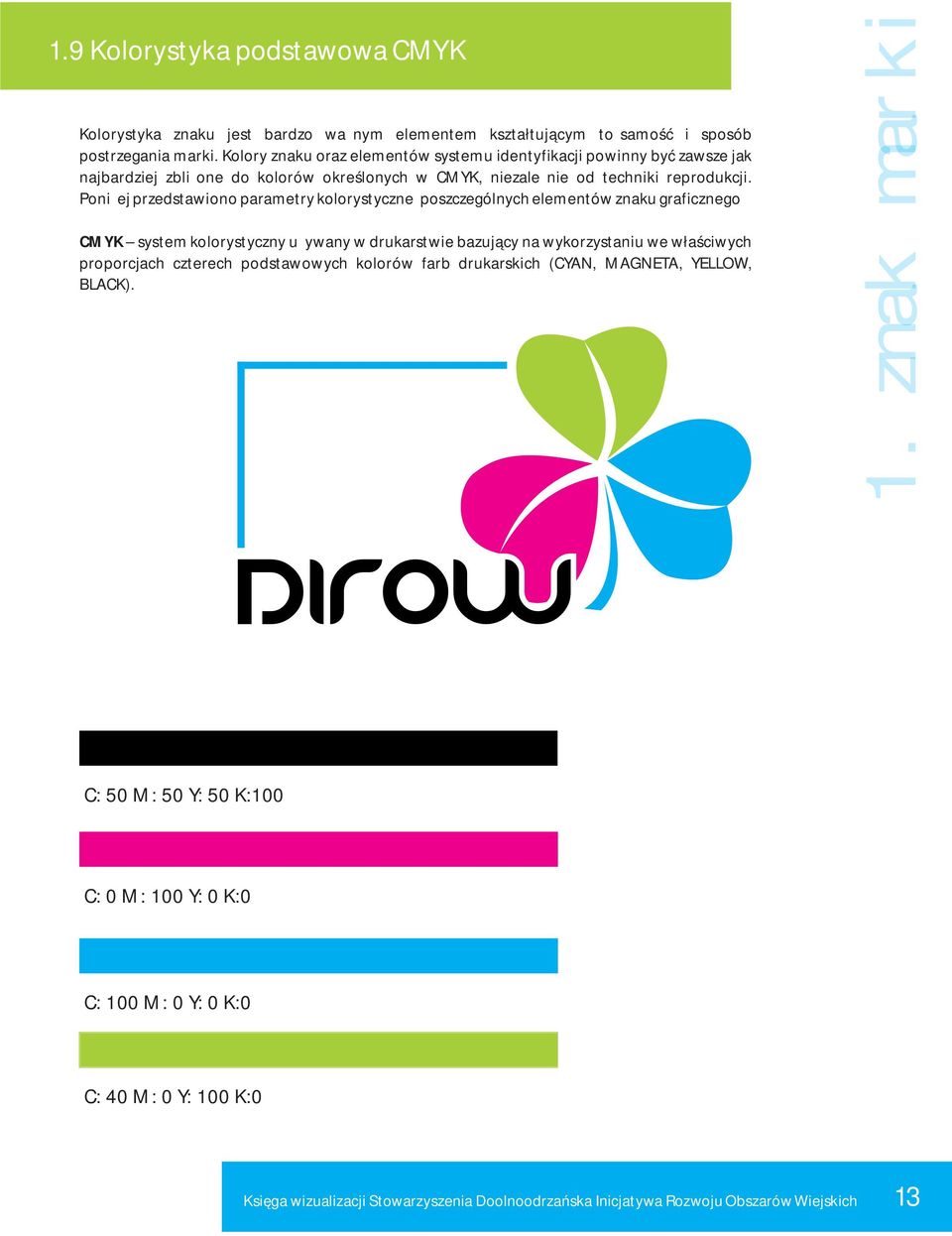 Poniżej przedstawiono parametry kolorystyczne poszczególnych elementów znaku graficznego CMYK system kolorystyczny używany w drukarstwie bazujący na wykorzystaniu we właściwych