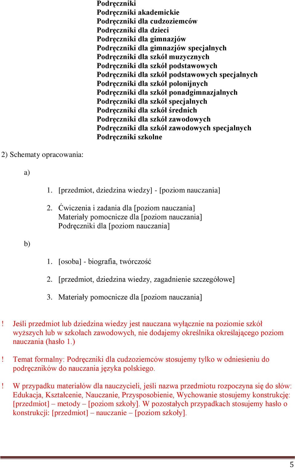 szkół średnich Podręczniki dla szkół zawodowych Podręczniki dla szkół zawodowych specjalnych Podręczniki szkolne 2) Schematy opracowania: a) b) 1. [przedmiot, dziedzina wiedzy] - [poziom nauczania] 2.