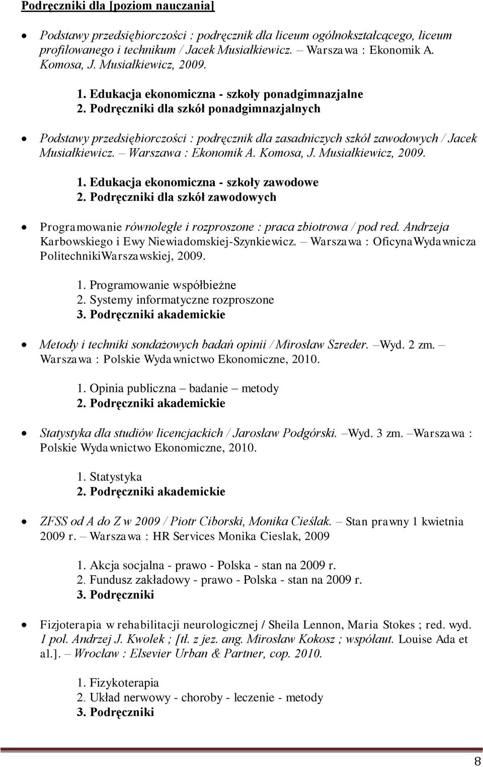 Podręczniki dla szkół ponadgimnazjalnych Podstawy przedsiębiorczości : podręcznik dla zasadniczych szkół zawodowych / Jacek Musiałkiewicz. Warszawa : Ekonomik A. Komosa, J. Musiałkiewicz, 2009. 1.