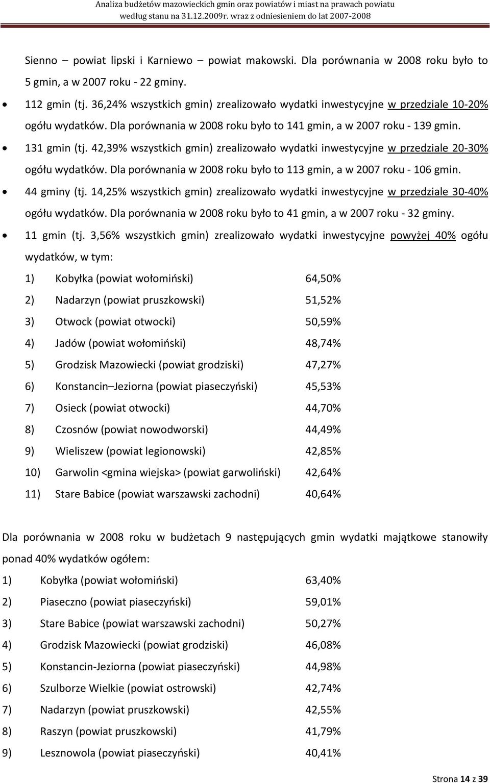 42,39% wszystkich gmin) zrealizowało wydatki inwestycyjne w przedziale 20-30% ogółu wydatków. Dla porównania w 2008 roku było to 113 gmin, a w 2007 roku - 106 gmin. 44 gminy (tj.