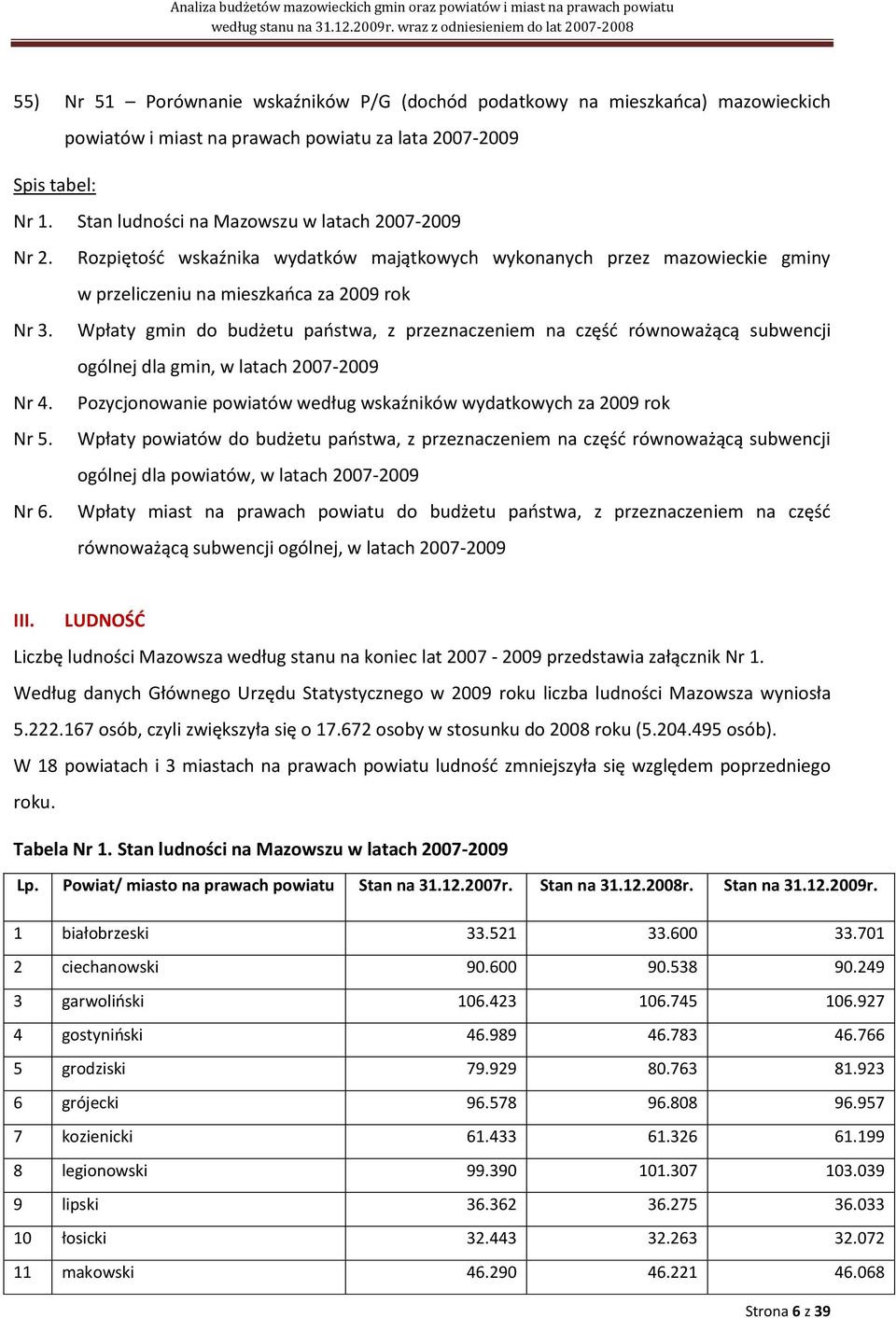 Wpłaty gmin do budżetu paostwa, z przeznaczeniem na częśd równoważącą subwencji ogólnej dla gmin, w latach 2007-2009 Nr 4. Pozycjonowanie powiatów według wskaźników wydatkowych za 2009 rok Nr 5.
