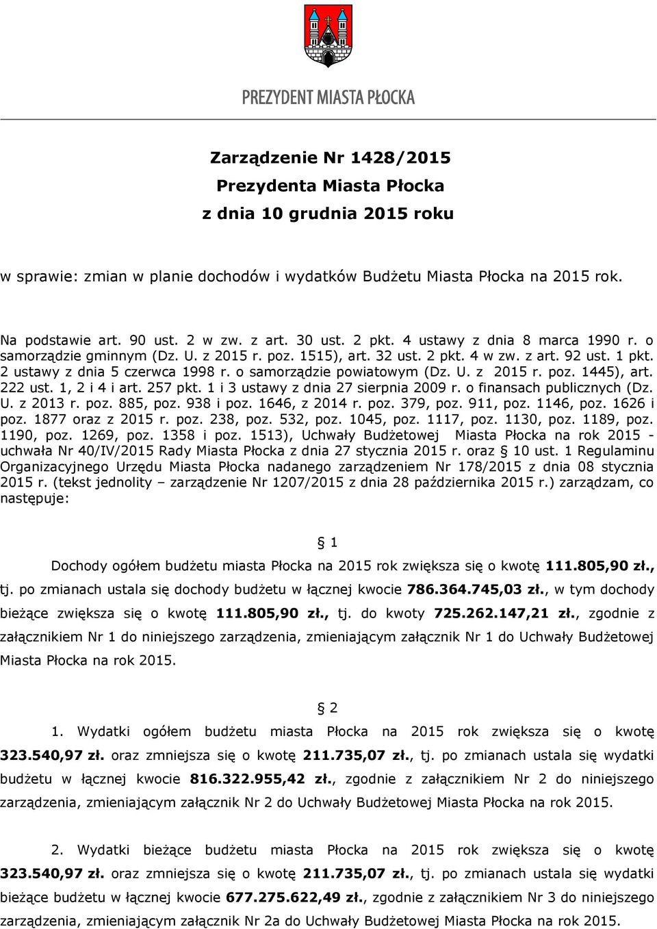 o samorządzie powiatowym (Dz. U. z 2015 r. poz. 1445), art. 222 ust. 1, 2 i 4 i art. 257 pkt. 1 i 3 ustawy z dnia 27 sierpnia 2009 r. o finansach publicznych (Dz. U. z 2013 r. poz. 885, poz.