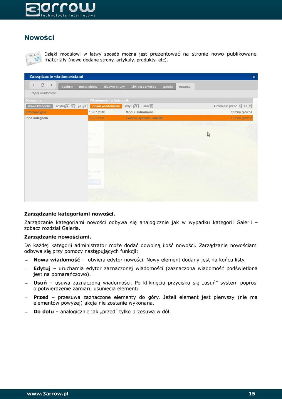 Do każdej kategorii administrator może dodać dowolną ilość nowości. Zarządzanie nowościami odbywa się przy pomocy następujących funkcji: Nowa wiadomość otwiera edytor nowości.