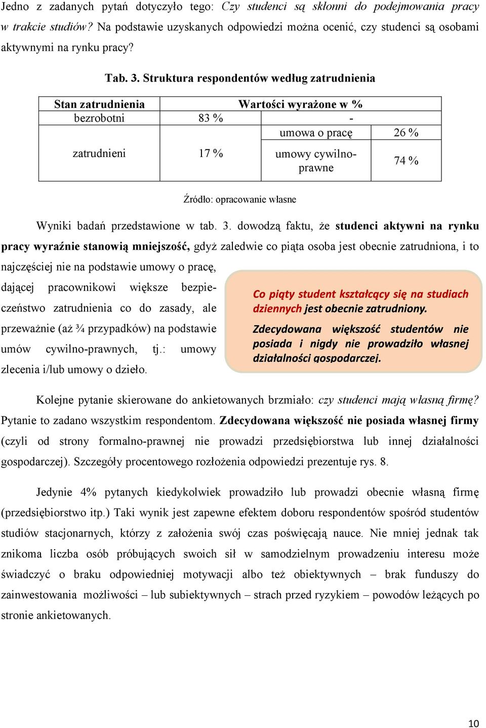 Struktura respondentów według zatrudnienia Stan zatrudnienia Wartości wyrażone w % bezrobotni 83 % - umowa o pracę 26 % zatrudnieni 17 % umowy cywilnoprawne 74 % Źródło: opracowanie własne Wyniki