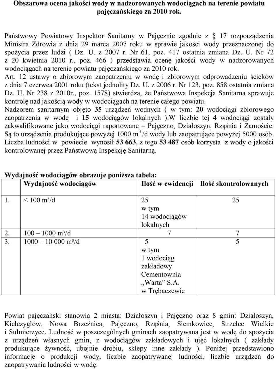 Nr 61, poz. 417 ostatnia zmiana Dz. U. Nr 72 z 20 kwietnia 2010 r., poz. 466 ) przedstawia ocenę jakości wody w nadzorowanych wodociągach na terenie powiatu pajęczańskiego za 2010 rok. Art.