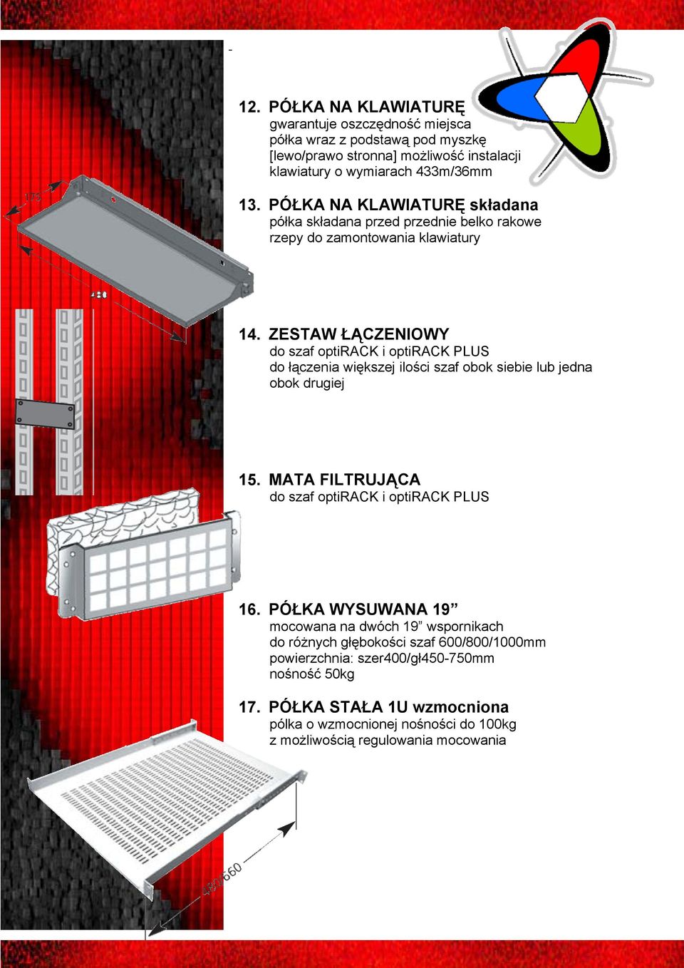 ZESTAW ŁĄCZENIOWY do szaf optirack i optirack PLUS do łączenia większej ilości szaf obok siebie lub jedna obok drugiej 15. MATA FILTRUJĄCA do szaf optirack i optirack PLUS 16.