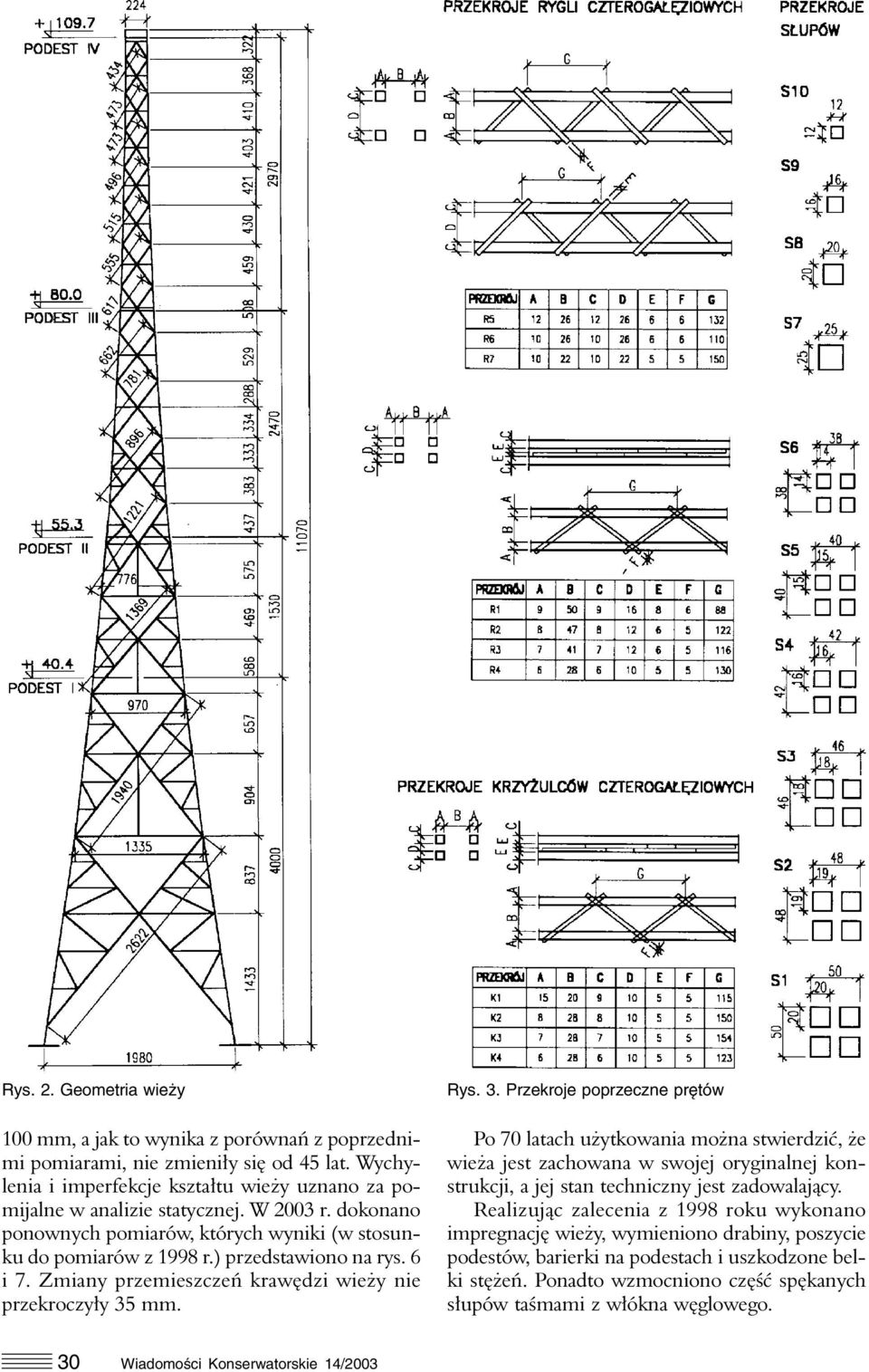 mm. Rys. 3. Przekroje poprzeczne prętów Po 70 latach użytkowania można stwierdzić, że wieża jest zachowana w swojej oryginalnej konstrukcji, a jej stan techniczny jest zadowalający.