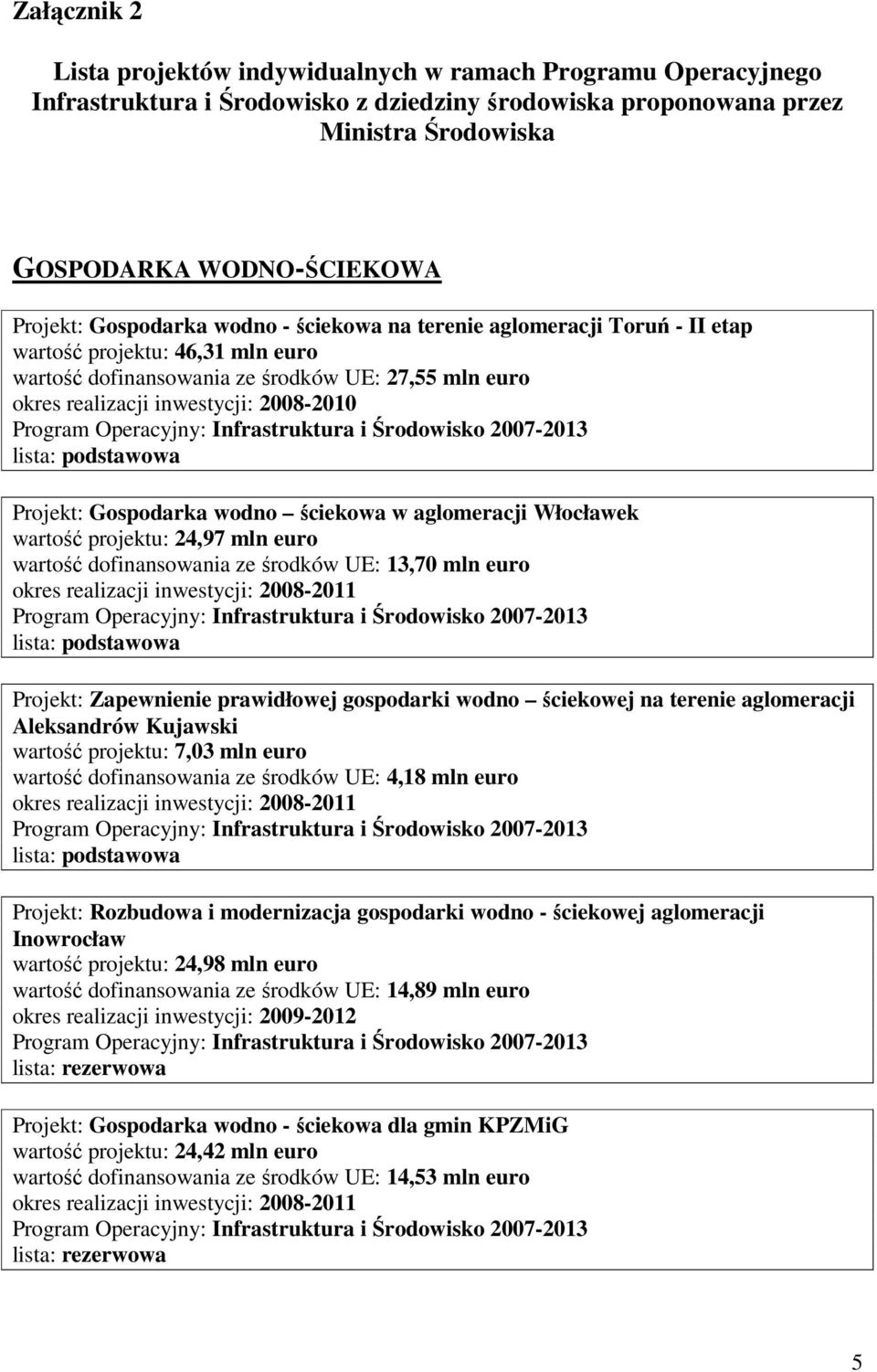 aglomeracji Włocławek wartość projektu: 24,97 mln euro wartość dofinansowania ze środków UE: 13,70 mln euro Projekt: Zapewnienie prawidłowej gospodarki wodno ściekowej na terenie aglomeracji