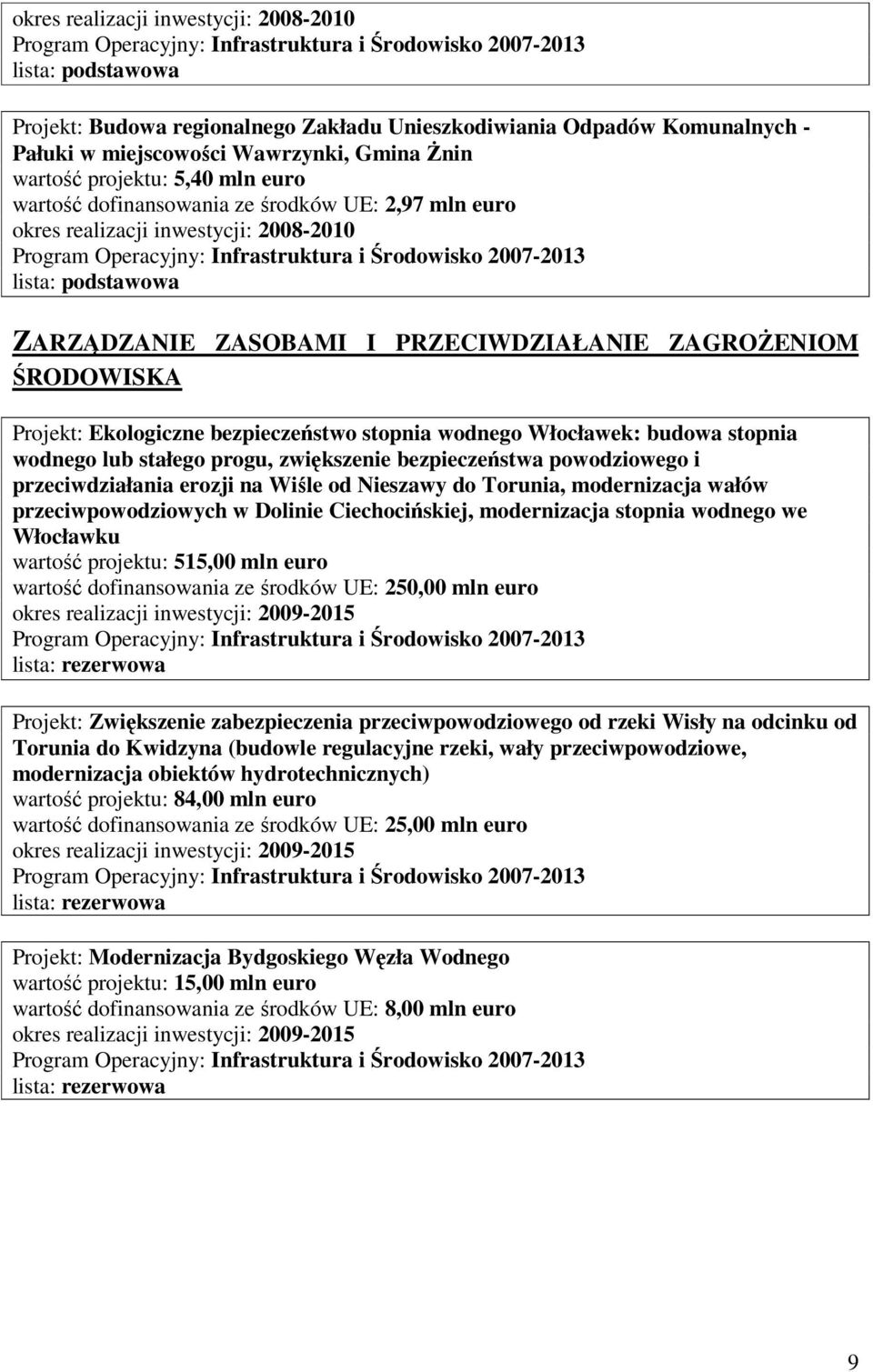 powodziowego i przeciwdziałania erozji na Wiśle od Nieszawy do Torunia, modernizacja wałów przeciwpowodziowych w Dolinie Ciechocińskiej, modernizacja stopnia wodnego we Włocławku wartość projektu: