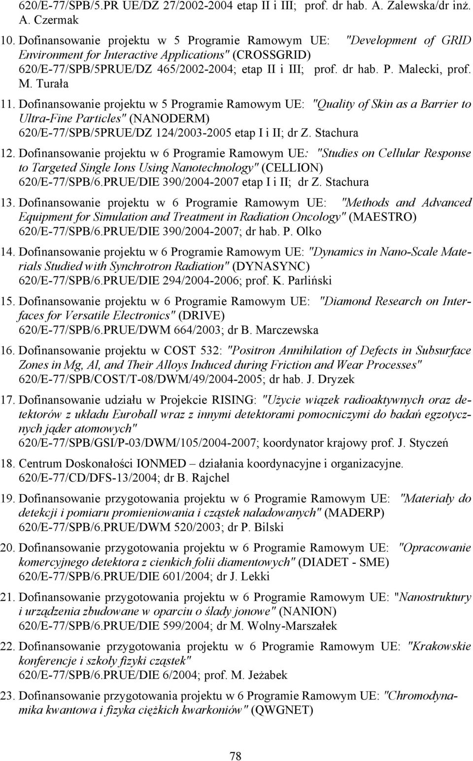 M. Turała 11. Dofinansowanie projektu w 5 Programie Ramowym UE: "Quality of Skin as a Barrier to Ultra-Fine Particles" (NANODERM) 620/E-77/SPB/5PRUE/DZ 124/2003-2005 etap I i II; dr Z. Stachura 12.