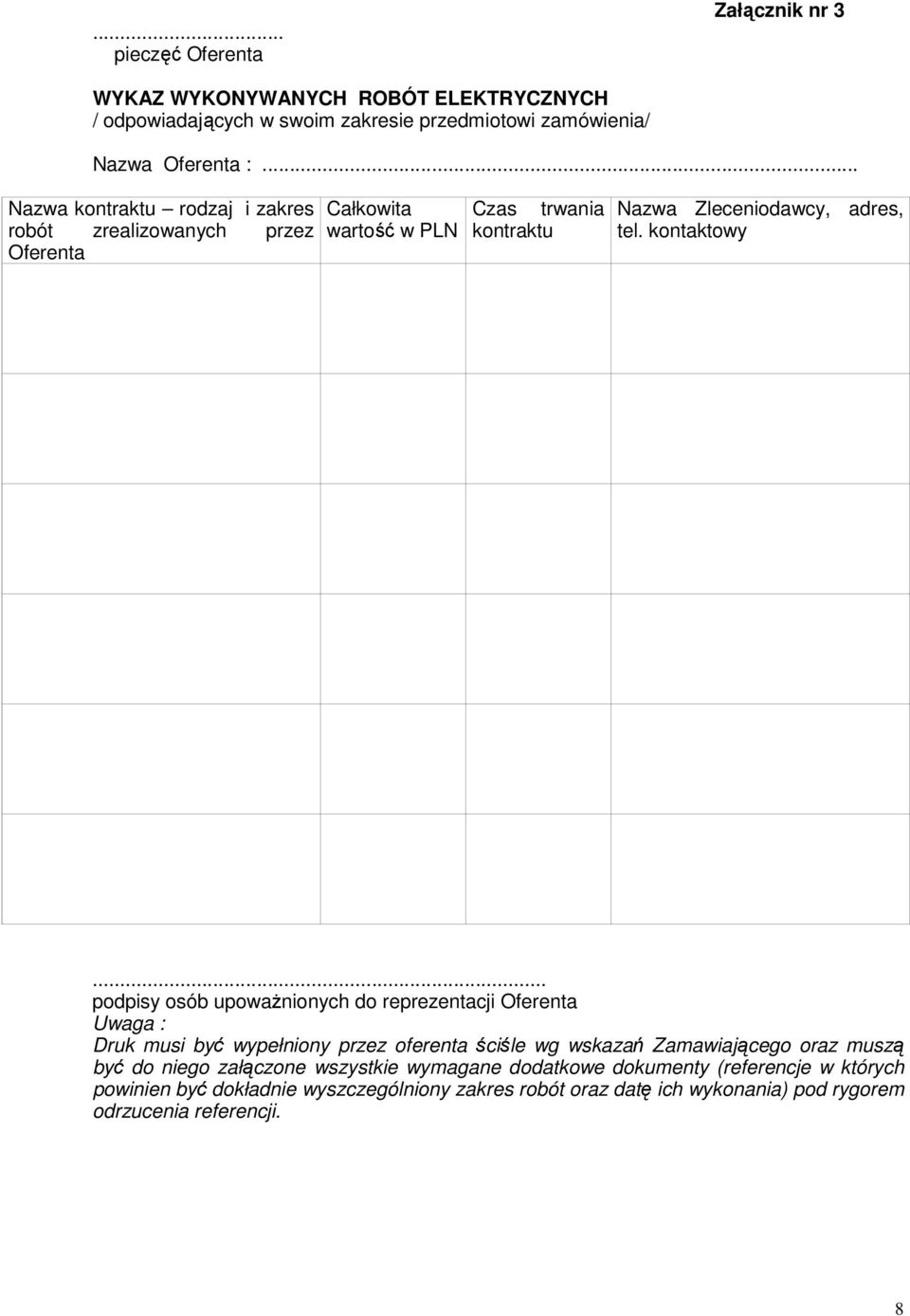 .. podpisy osób upoważnionych do reprezentacji Oferenta Uwaga : Druk musi być wypełniony przez oferenta ściśle wg wskazań Zamawiającego oraz muszą być do niego